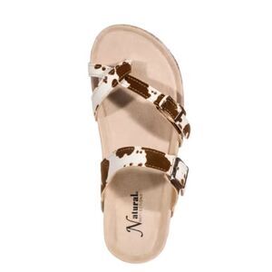Natural Reflections Cream/Brown Cow Print Buckle Toe Loop Slip On Sandals